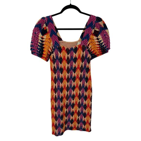 Farm Rio Lindeza Grafica Puff Sleeve Multi Smocked Mini Dress Womens Medium - Picture 2 of 8